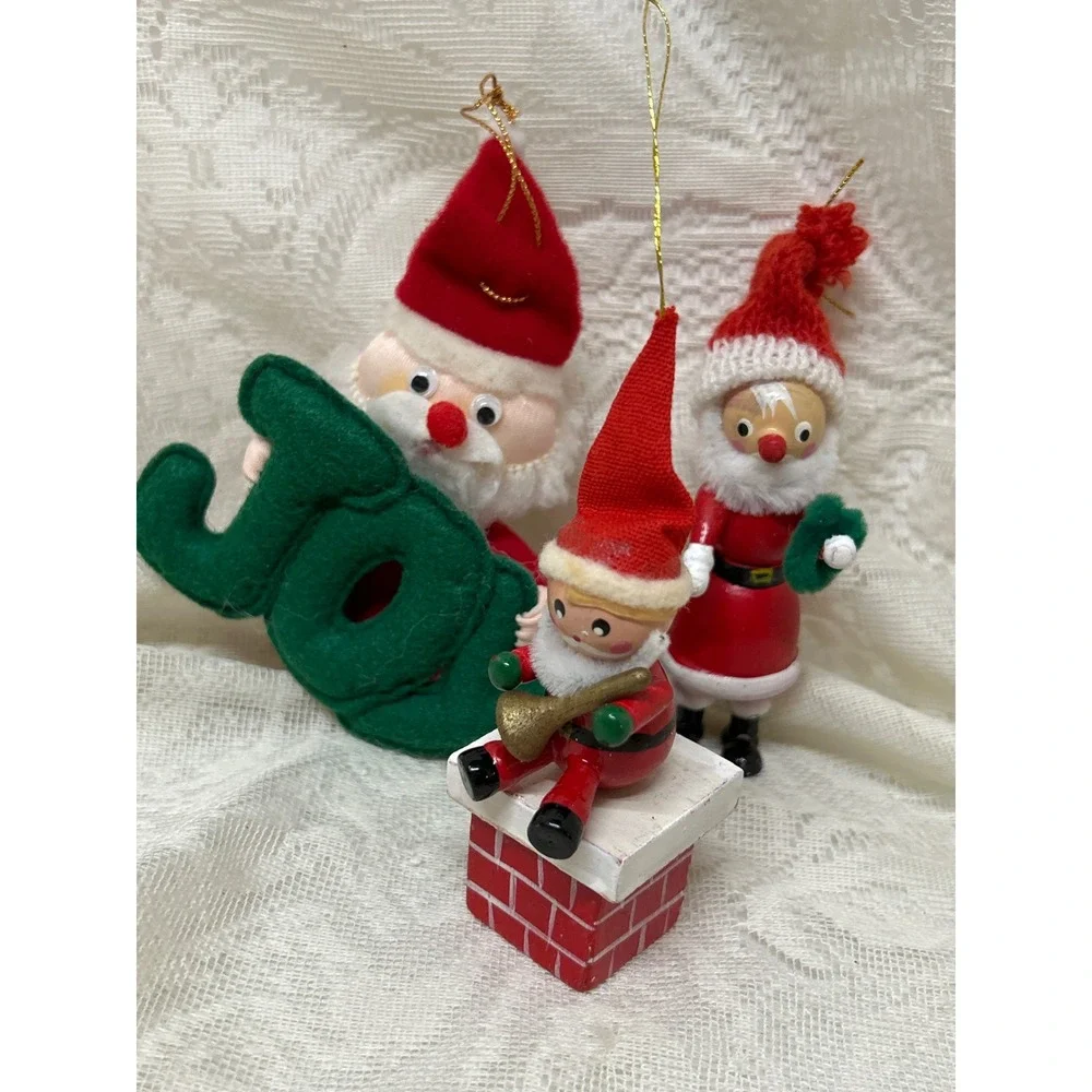 Vintage Christmas Ornaments Lot, Santa, Elf, Joy Decor Holiday Decoration 1980's